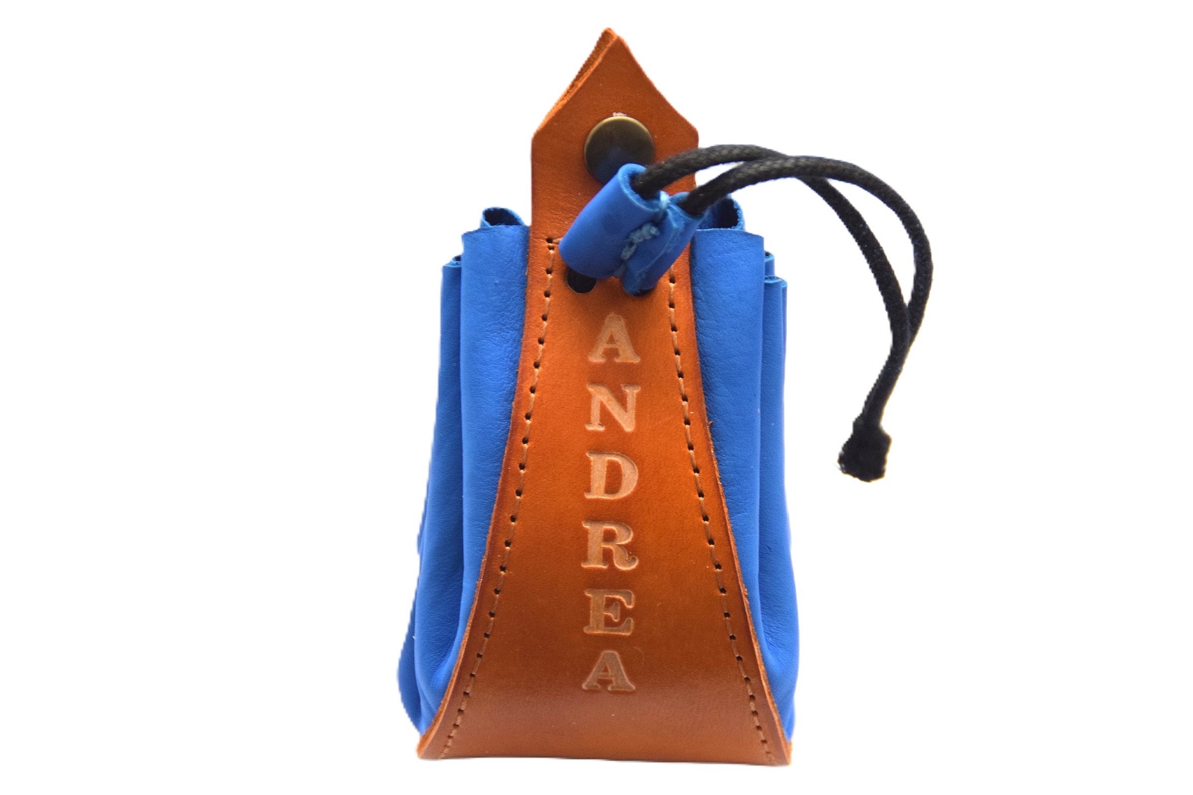 Bourse en cuir bleu personnalisée avec le prénom Andrea.
